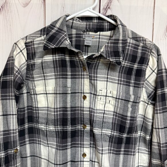 Carhartt Women’s Convertible Plaid Shirt Medium Black White EUC - Picture 2 of 12